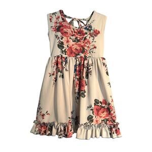 Cheeky Plum Sleeveless Tie Neck Twirl Dress, Cream with Rose Floral, 4T